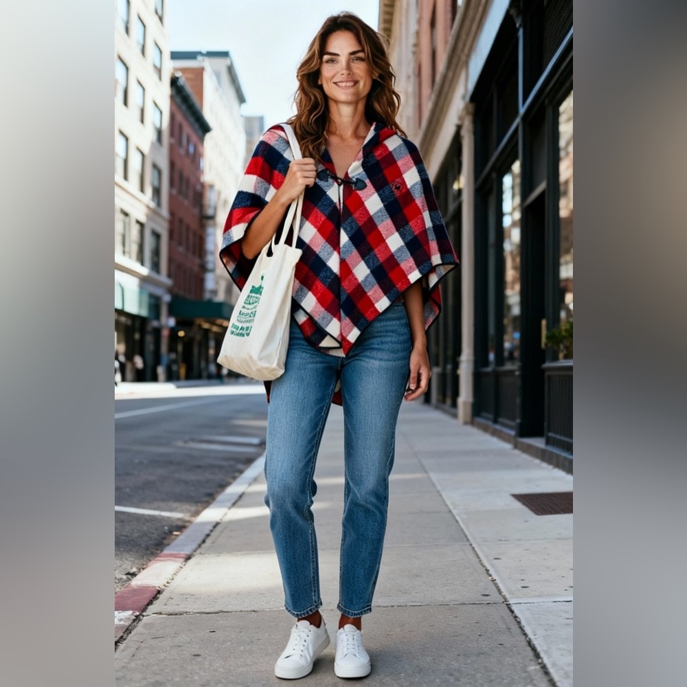 Poncho Womens One Size Red‎ Navy White Patriot Toggle Cape Gingham Buffalo Wrap